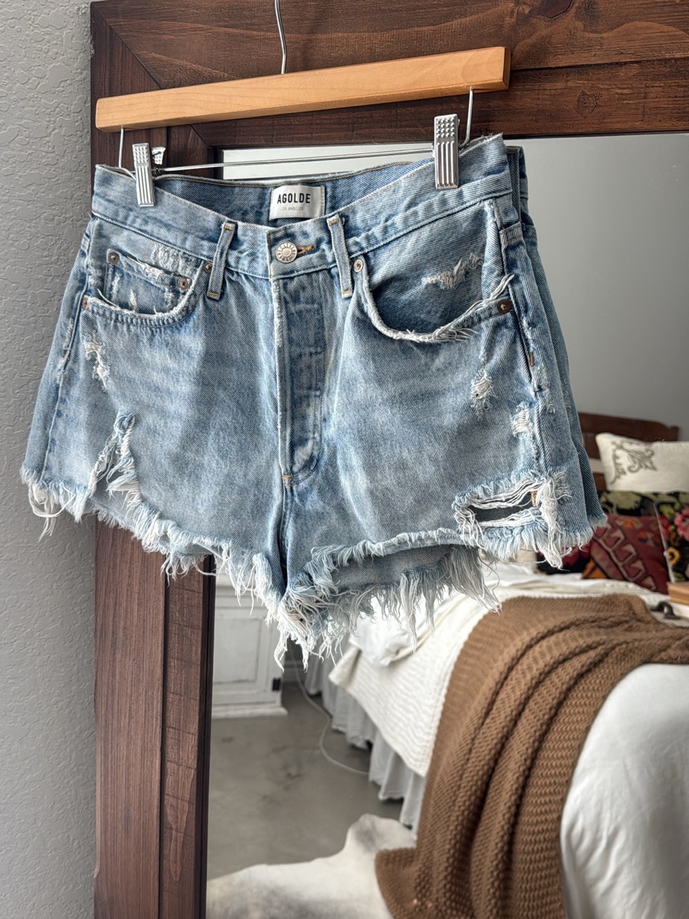 AGOLDE Light Blue Distressed Denim Jean Shorts